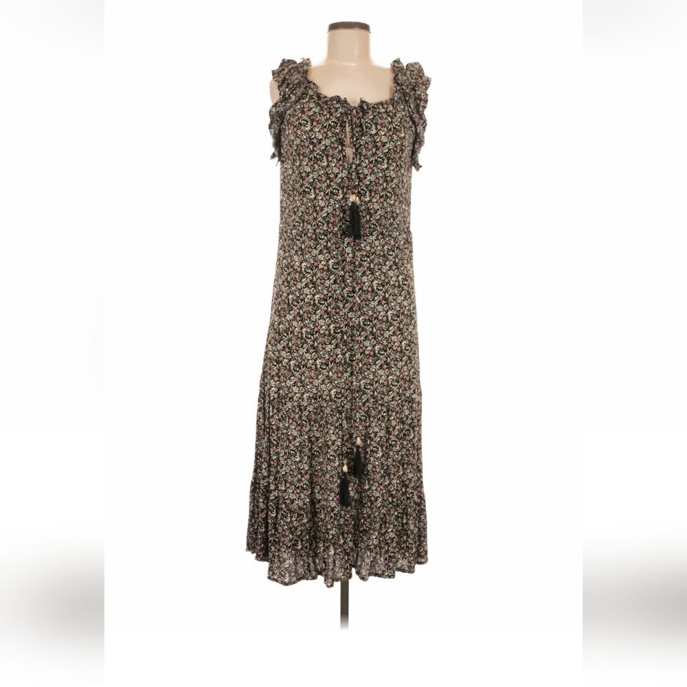 NATURAL LIFE Black Floral Tassel-Tie Ruffle Midi Dress